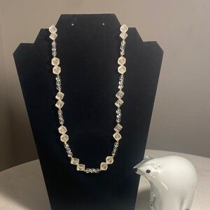 Vintage Frosted Cube & Clear Bead Necklace – 33” – Retro Gold-Tone Accents, 39g
